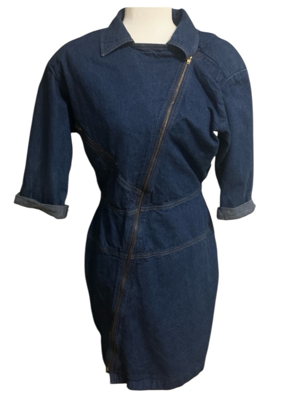 Vintage Dark Blue Denim Dress with Diagonal Zipper